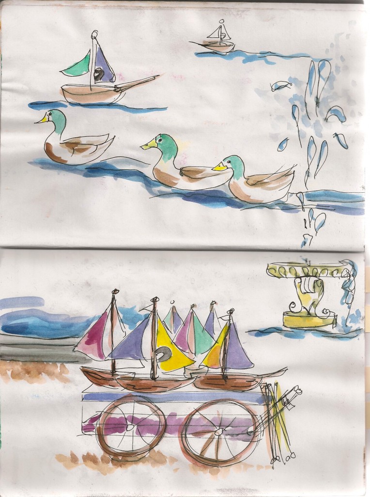 ink and watercolor sketch of ducks and boats in Paris